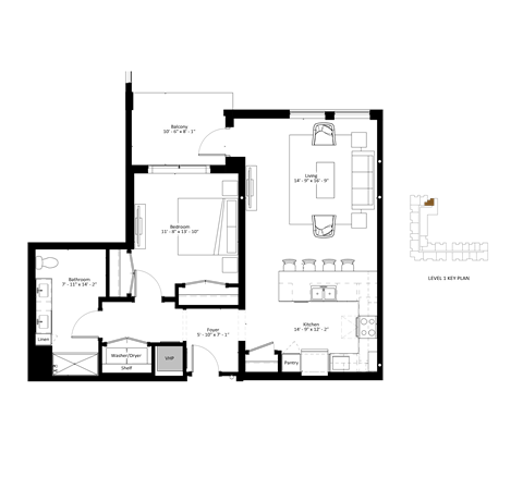A floor plan of a house with a kitchen, living room, and two bedrooms.